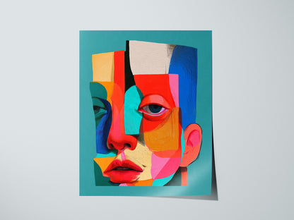 Split Face Mosaic Poster | Teal and Coral Illustrative Art Print | Modern Portrait Wall Art — print detail on fine art paper