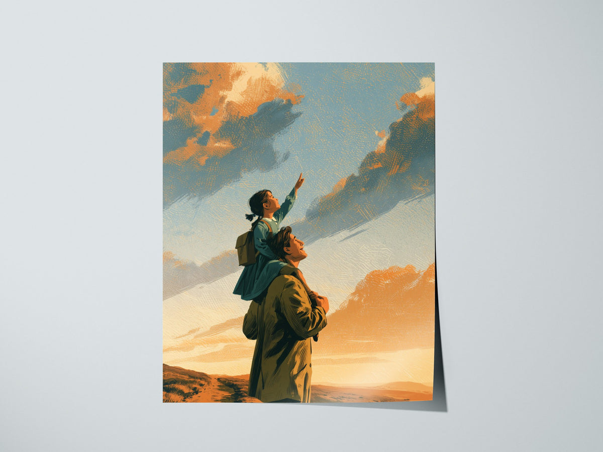 Shoulders Toward Sky Poster | Golden Orange Illustrative Art Print | Family Wall Art — print detail on fine art paper
