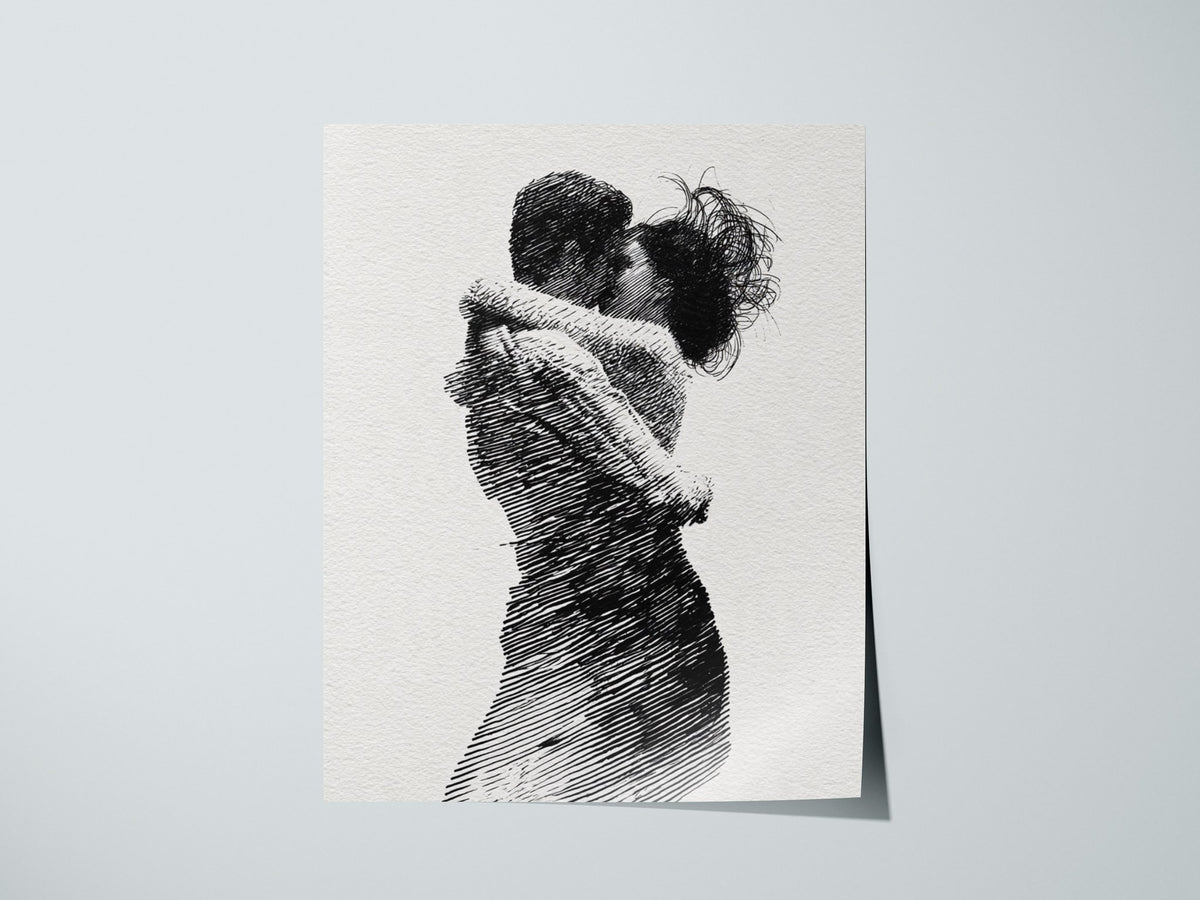 Lovers Almost Kiss Poster | Black and Cream Pen and Ink Art Print | Romantic Wall Art — print detail on fine art paper