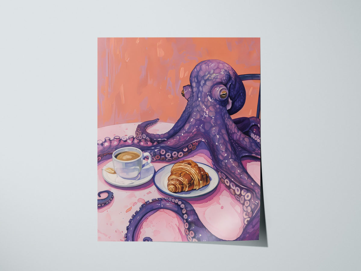 Breakfast Octopus Poster | Purple and Coral Illustrative Art Print | Kitchen Wall Art — print detail on fine art paper