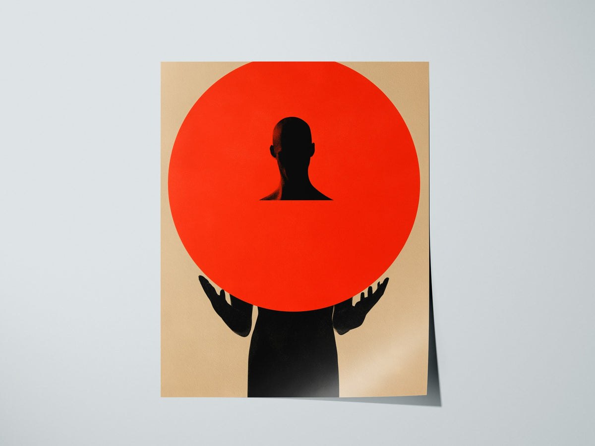Figure Holding Geometry Poster | Coral and Black Minimalism Art Print | Minimalist Wall Art — print detail on fine art paper
