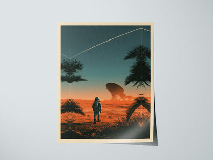 Astronaut Walks Shore Poster | Turquoise and Coral Screen Print Art Print | Sci-Fi Wall Art — print detail on fine art paper