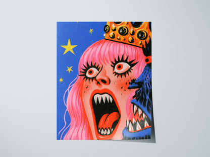 Queen Roars Back Poster | Jewel and Gold Illustrative Art Print | Dark Fantasy Wall Art — print detail on fine art paper