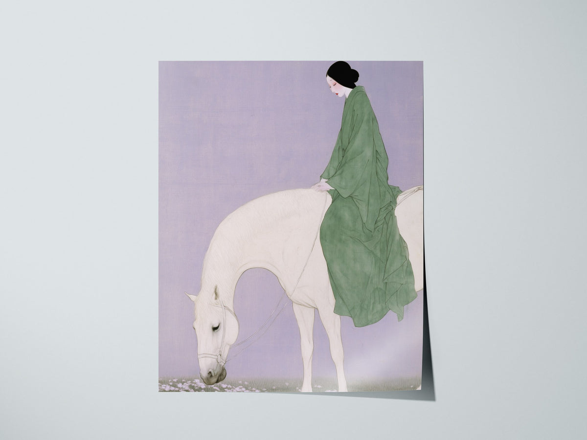 Lady Rides White Poster | Sage and Cream Japanese Watercolor Art Print | Minimalist Wall Art — print detail on fine art paper