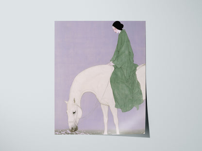 Lady Rides White Poster | Sage and Cream Japanese Watercolor Art Print | Minimalist Wall Art — print detail on fine art paper