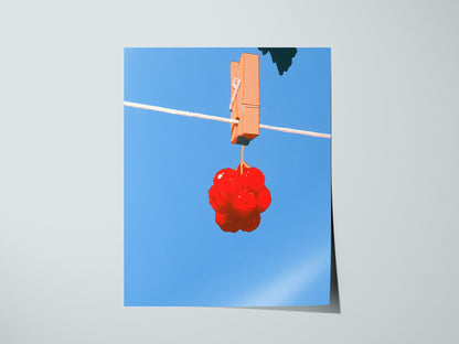 Cherries Hang Drying Poster | Red and Blue Illustrative Art Print | Kitchen Wall Art — print detail on fine art paper