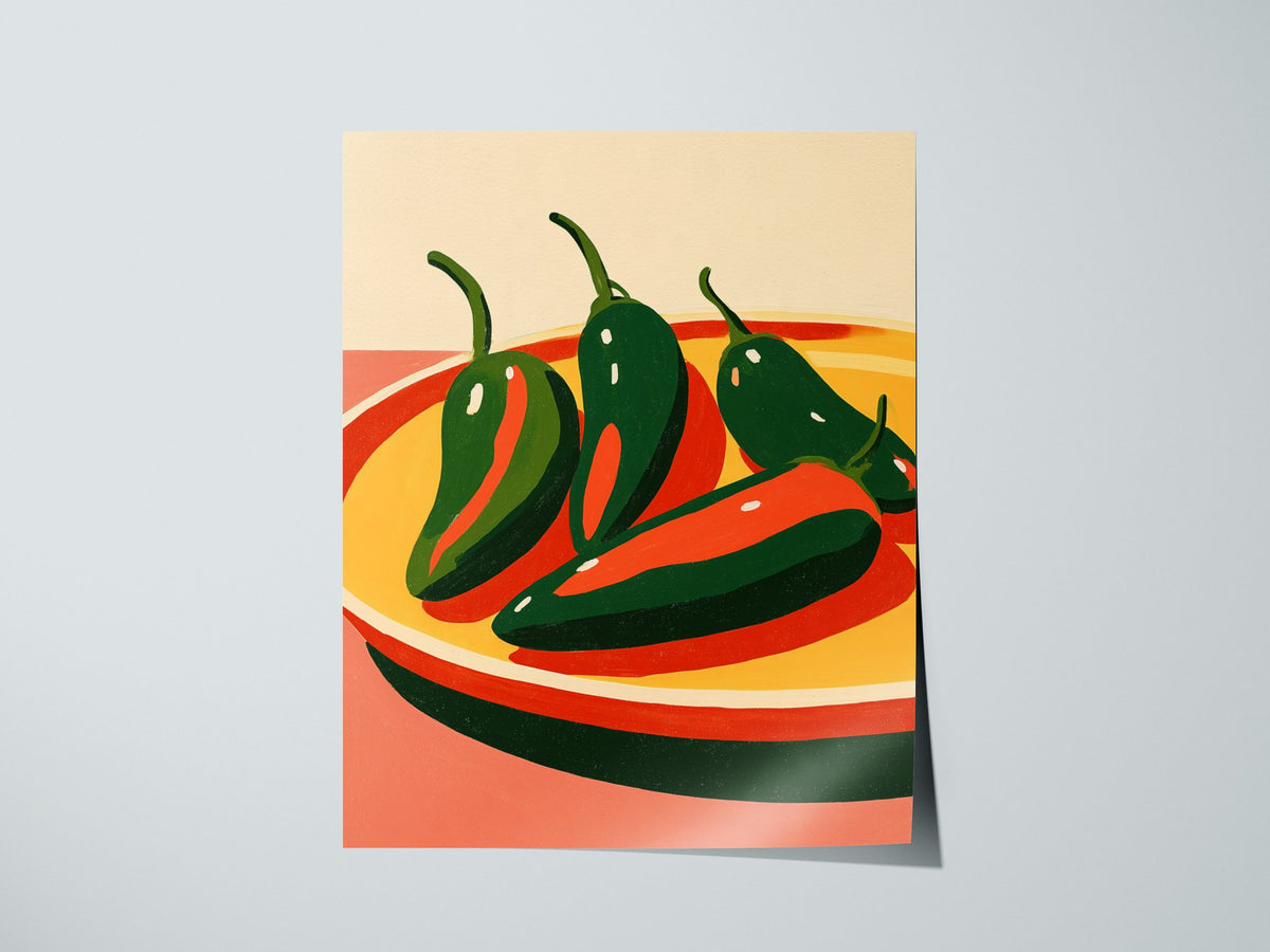 peppers-on-yellow-plate Poster | Yellow and Red Illustrative Art Print | Kitchen Wall Art — print detail on fine art paper