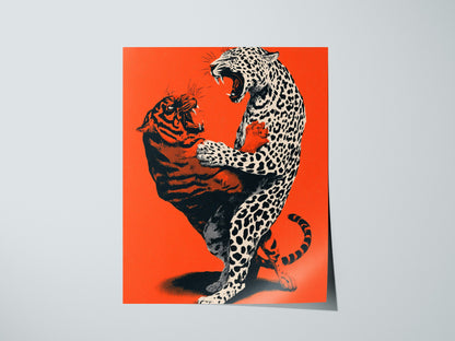 Leopard Battles Tiger Poster | Vermilion and Black Screen Print Art Print | Dark Fantasy Wall Art — print detail on fine art