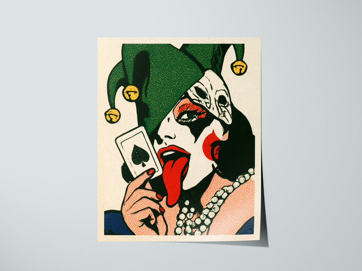 Joker Licks Ace Poster | Green and Red Screen Print Art Print | Dark Fantasy Wall Art — print detail on fine art paper