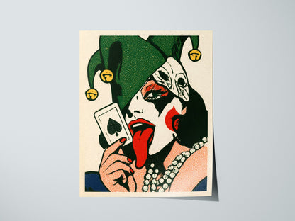 Joker Licks Ace Poster | Green and Red Screen Print Art Print | Dark Fantasy Wall Art — print detail on fine art paper