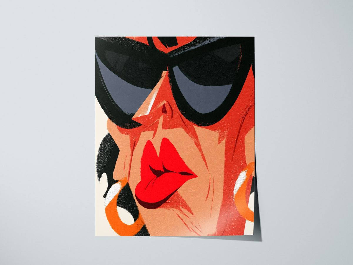 Diva Hides Eyes Poster | Coral and Black Illustrative Art Print | Pop Art Wall Art — print detail on fine art paper