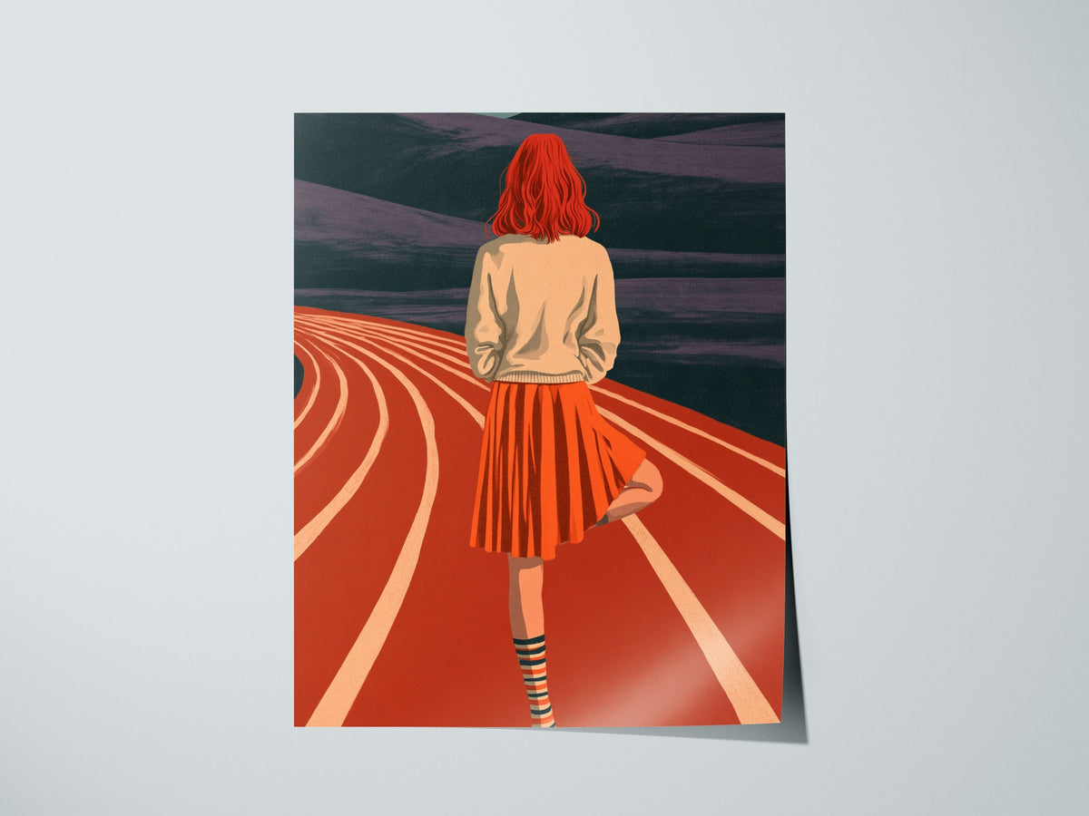 Athlete Reaches Skyward Poster | Rust and Orange Illustrative Art Print | Athletes Wall Art — print detail on fine art paper