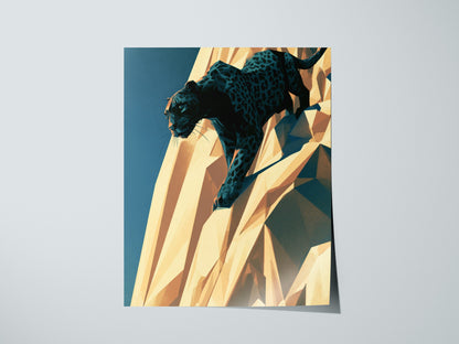 Panther Climbs Noon Poster | Teal and Black Low Poly Art Print | Dark Fantasy Wall Art — print detail on fine art paper