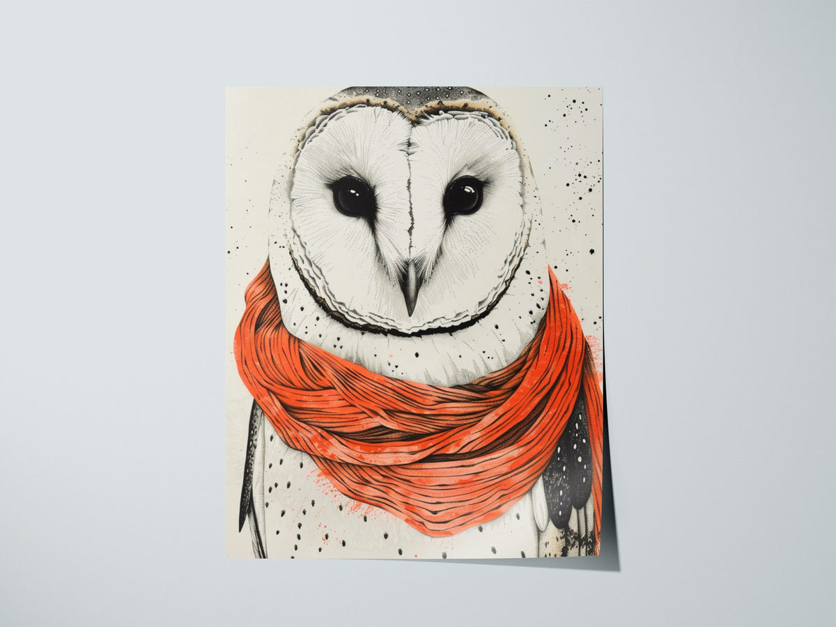 Owl in Scarf Poster | Black and Coral Pen and Ink Art Print | Cottagecore Wall Art — print detail on fine art paper