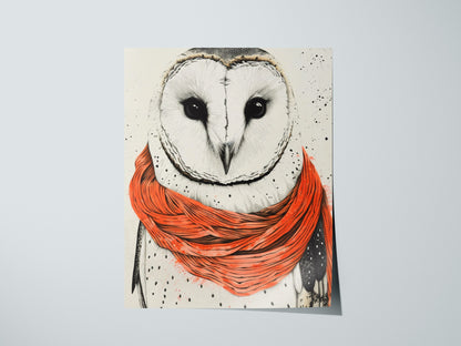 Owl in Scarf Poster | Black and Coral Pen and Ink Art Print | Cottagecore Wall Art — print detail on fine art paper
