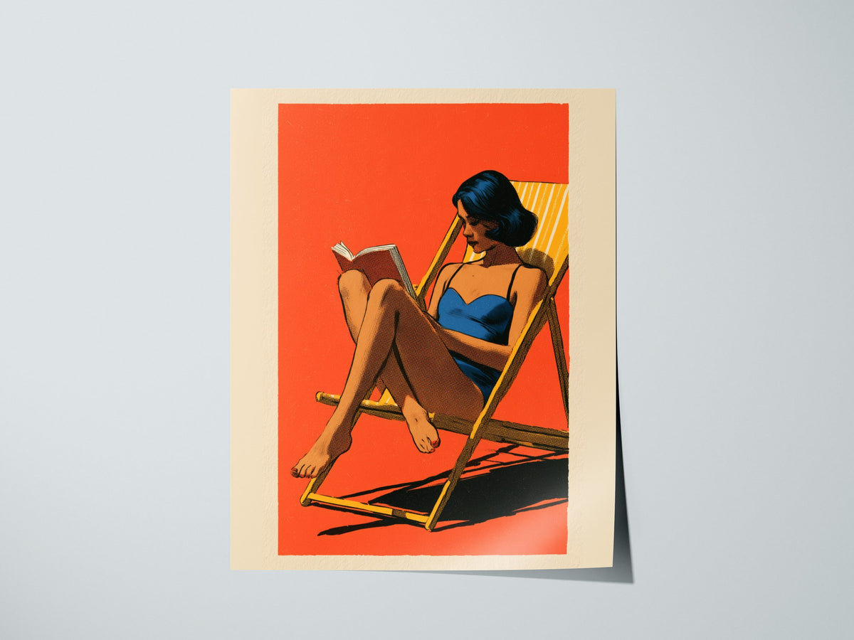 Deck Chair Reader Poster | Yellow Blue Coral Screen Print Art Print | Beach House Wall Art — print detail on fine art paper