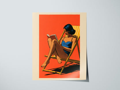 Deck Chair Reader Poster | Yellow Blue Coral Screen Print Art Print | Beach House Wall Art — print detail on fine art paper