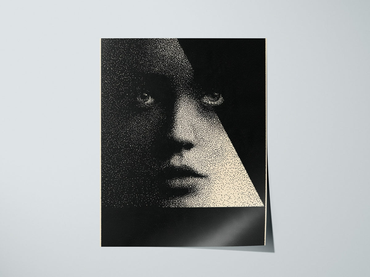Face Emerging Light Poster | Black and Cream Pen and Ink Art Print | Dark Academia Wall Art — print detail on fine art paper