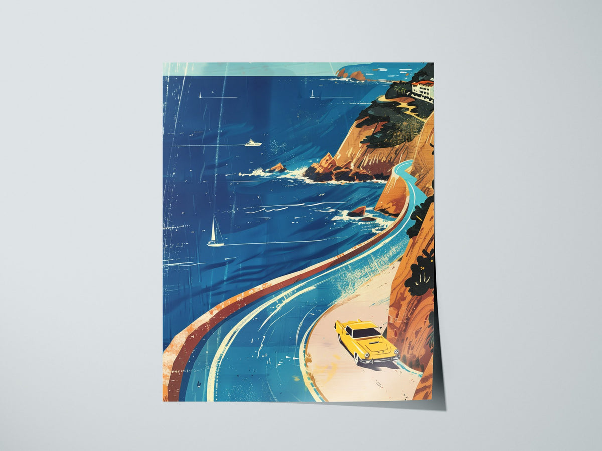 Coastal Drive Poster | Cobalt and Coral Watercolor Art Print | Coastal Wall Art — print detail on fine art paper