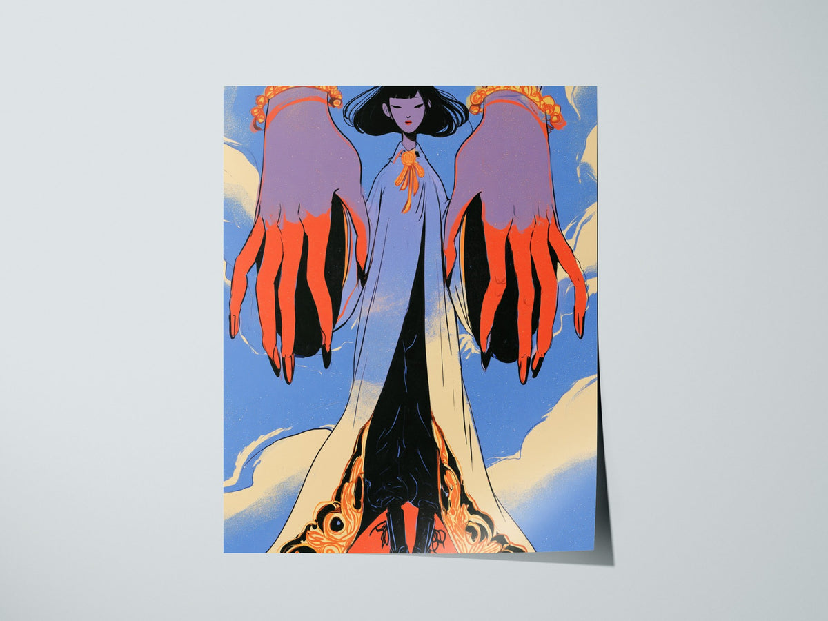 Figure Between Hands Poster | Coral and Periwinkle Illustrative Art Print | Art Deco Wall Art — print detail on fine art pape