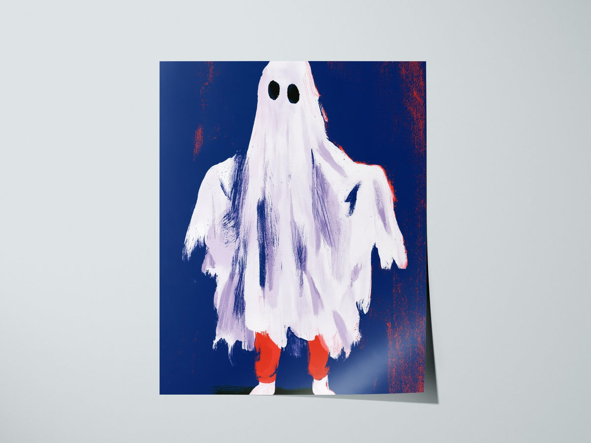 Ghost Stands Still Poster | Navy and Coral Illustrative Art Print | Kids Room Wall Art — print detail on fine art paper