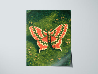 Moth Owns Chevron Poster | Coral and Olive Pixel Art Print | Retro Gaming Wall Art — print detail on fine art paper