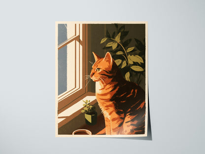 Cat Watches Morning Poster | Warm Ochre Illustrative Art Print | Cat Lover Wall Art — print detail on fine art paper