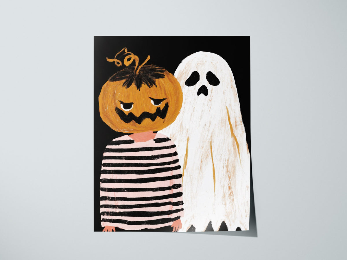 Pumpkin and Ghost Poster | Pink and Orange Illustrative Art Print | Kids Room Wall Art — print detail on fine art paper
