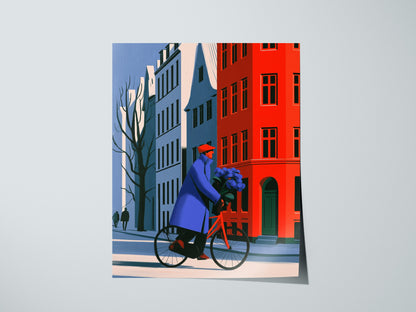 Cyclist Carries Hydrangeas Poster | Cobalt and Yellow Illustrative Art Print | Modernist Wall Art — print detail on fine art