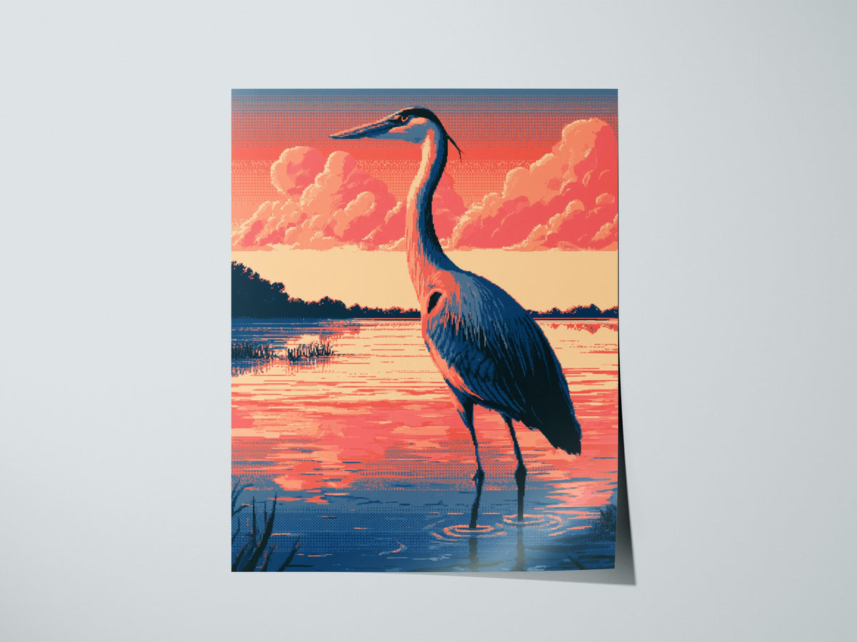 Heron Walks Dusk Poster | Coral and Slate Pixel Art Print | Retro Gaming Wall Art — print detail on fine art paper