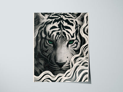 White Tiger Surfaces Poster | Black and Cream Pen and Ink Art Print | Dark Academia Wall Art — print detail on fine art paper