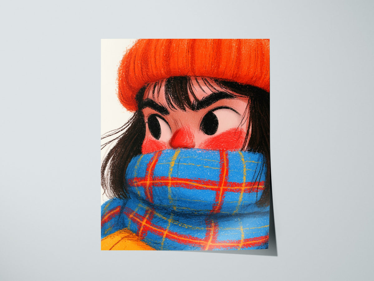 Girl Bundles Up Poster | Orange and Blue Illustrative Art Print | Kids Room Wall Art — print detail on fine art paper