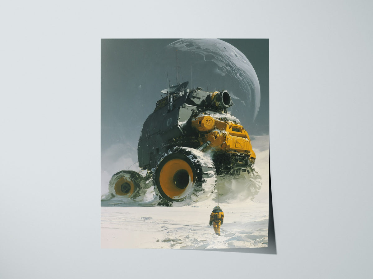 Rover Dwarfs Explorer Poster | Gray and Yellow Oil Painting Art Print | Sci-Fi Wall Art — print detail on fine art paper
