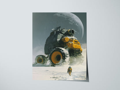 Rover Dwarfs Explorer Poster | Gray and Yellow Oil Painting Art Print | Sci-Fi Wall Art — print detail on fine art paper