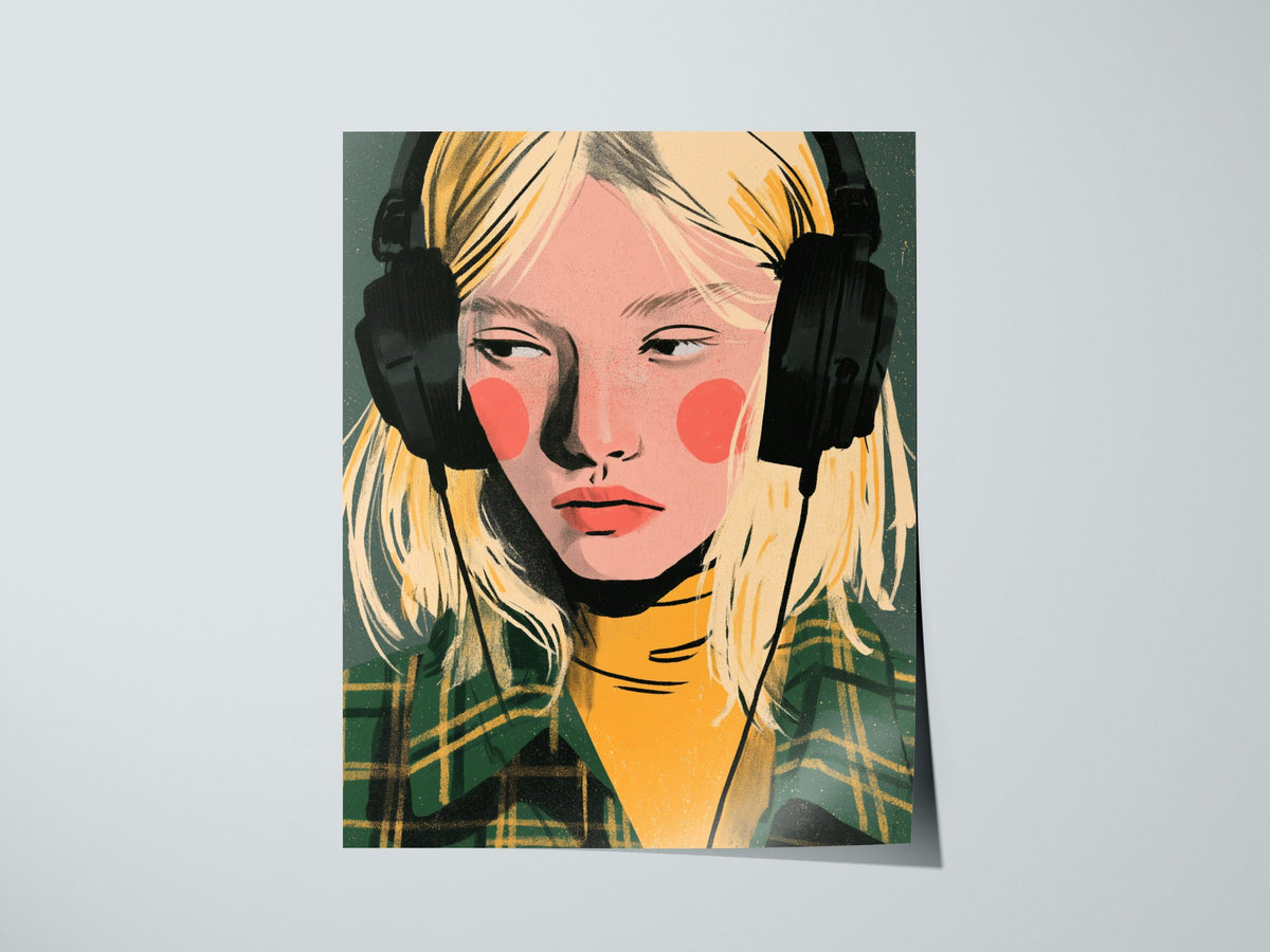 Headphone Hours Poster | Green and Gold Illustrative Art Print | Music Lovers Wall Art — print detail on fine art paper