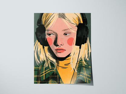 Headphone Hours Poster | Green and Gold Illustrative Art Print | Music Lovers Wall Art — print detail on fine art paper