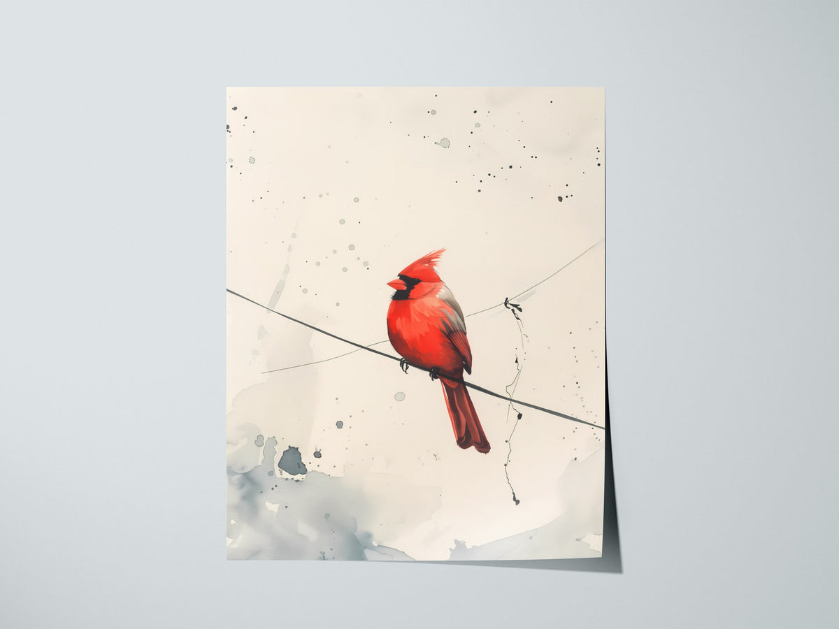 Cardinal on Wire Poster | Crimson and Grey Japanese Watercolor Art Print | Minimalist Wall Art — print detail on fine art pap