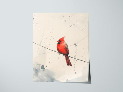 Cardinal on Wire Poster | Crimson and Grey Japanese Watercolor Art Print | Minimalist Wall Art — print detail on fine art pap