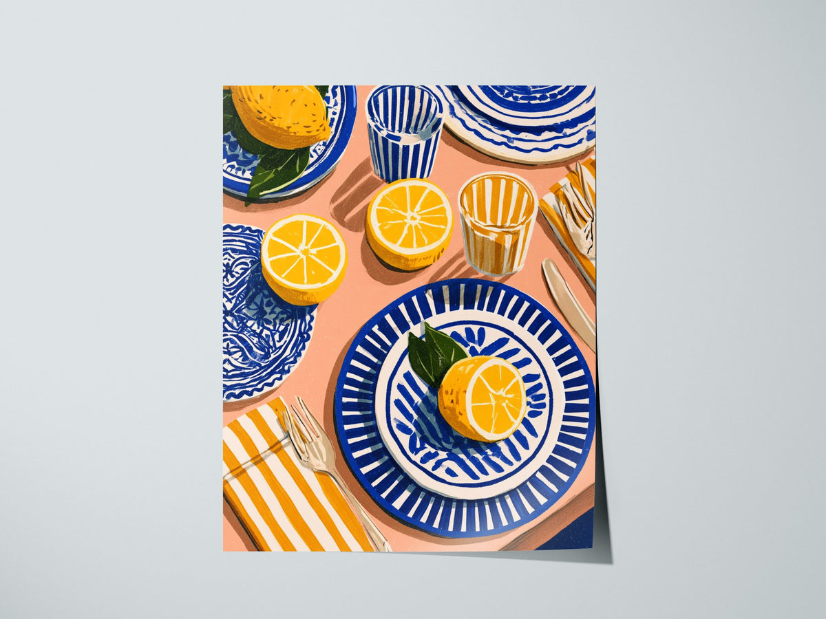 Lemon Table Poster | Cobalt and Ochre Illustrative Art Print | Kitchen Wall Art — print detail on fine art paper