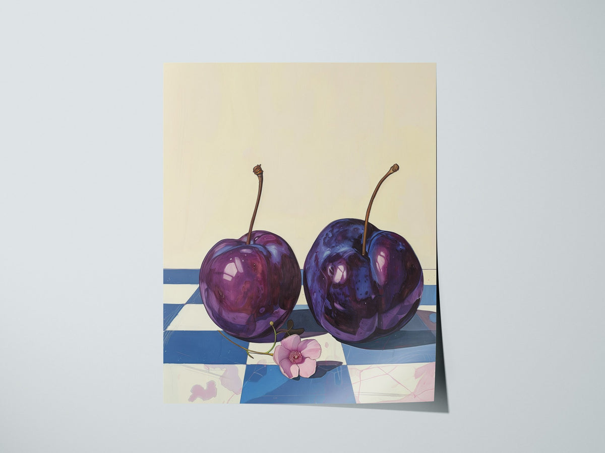 plums-on-checkerboard Poster | Purple and Cream Illustrative Art Print | Kitchen Wall Art — print detail on fine art paper