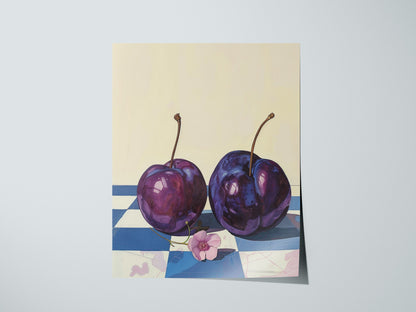 plums-on-checkerboard Poster | Purple and Cream Illustrative Art Print | Kitchen Wall Art — print detail on fine art paper