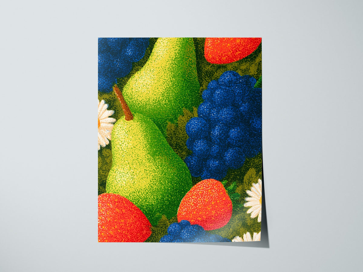 Fruit Bursts Bright Poster | Saturated Primary Illustrative Art Print | Kitchen Wall Art — print detail on fine art paper