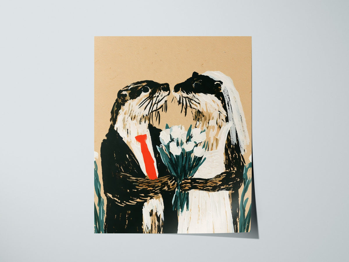 Otter Wedding Poster | Kraft and Green Illustrative Art Print | Wedding Gift Wall Art — print detail on fine art paper