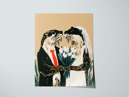 Otter Wedding Poster | Kraft and Green Illustrative Art Print | Wedding Gift Wall Art — print detail on fine art paper