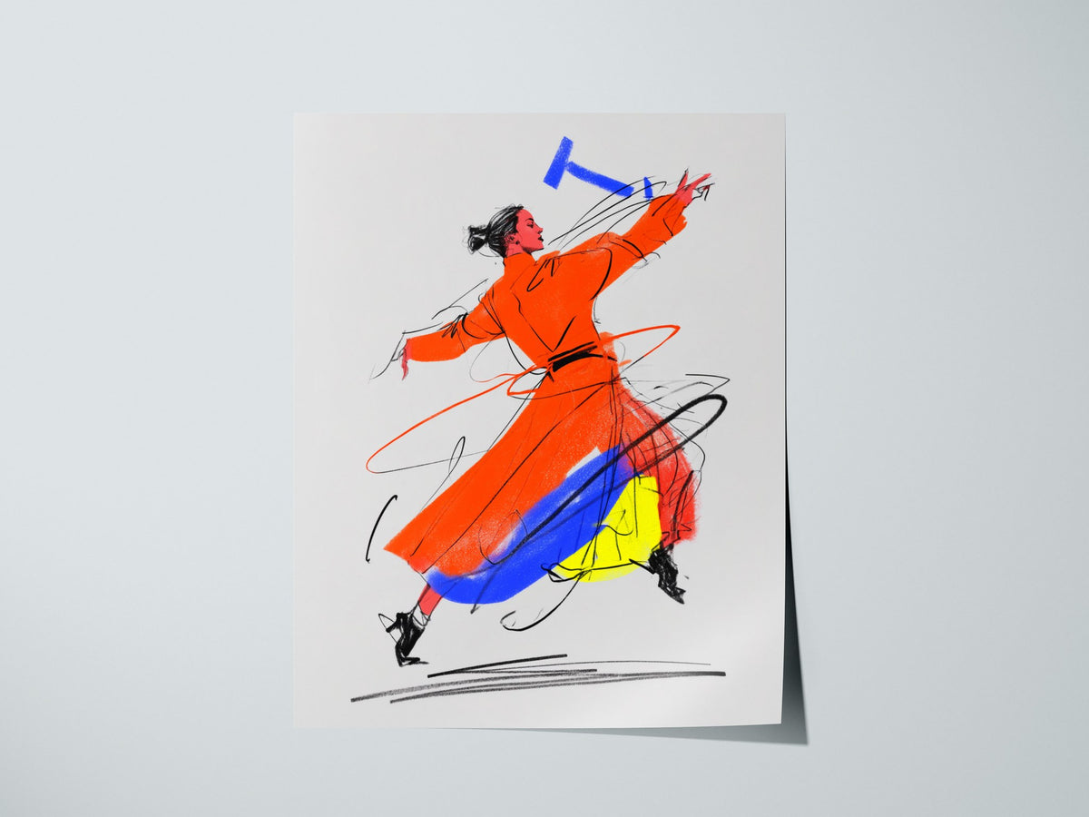 Dancer Breaks Free Poster | Pink and Orange Illustrative Art Print | Dance Studio Wall Art — print detail on fine art paper