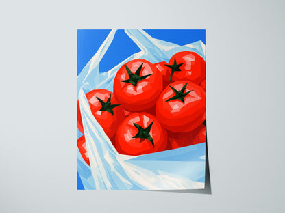 Tomatoes Coming Home Poster | Cobalt and Red Low Poly Art Print | Kitchen Wall Art — print detail on fine art paper