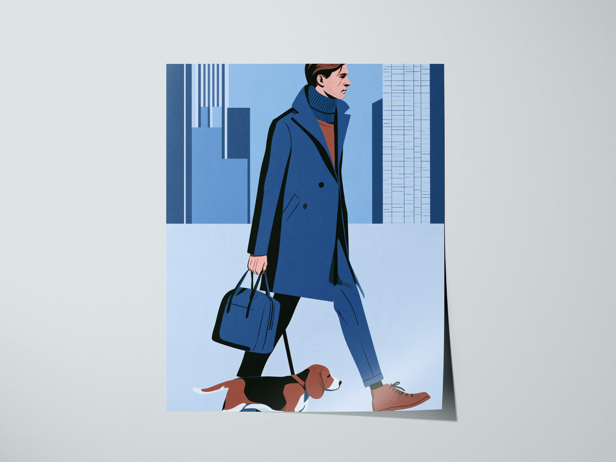 Man Walks Spring Poster | Coral and Pink Illustrative Art Print | Fashion Modern Wall Art — print detail on fine art paper
