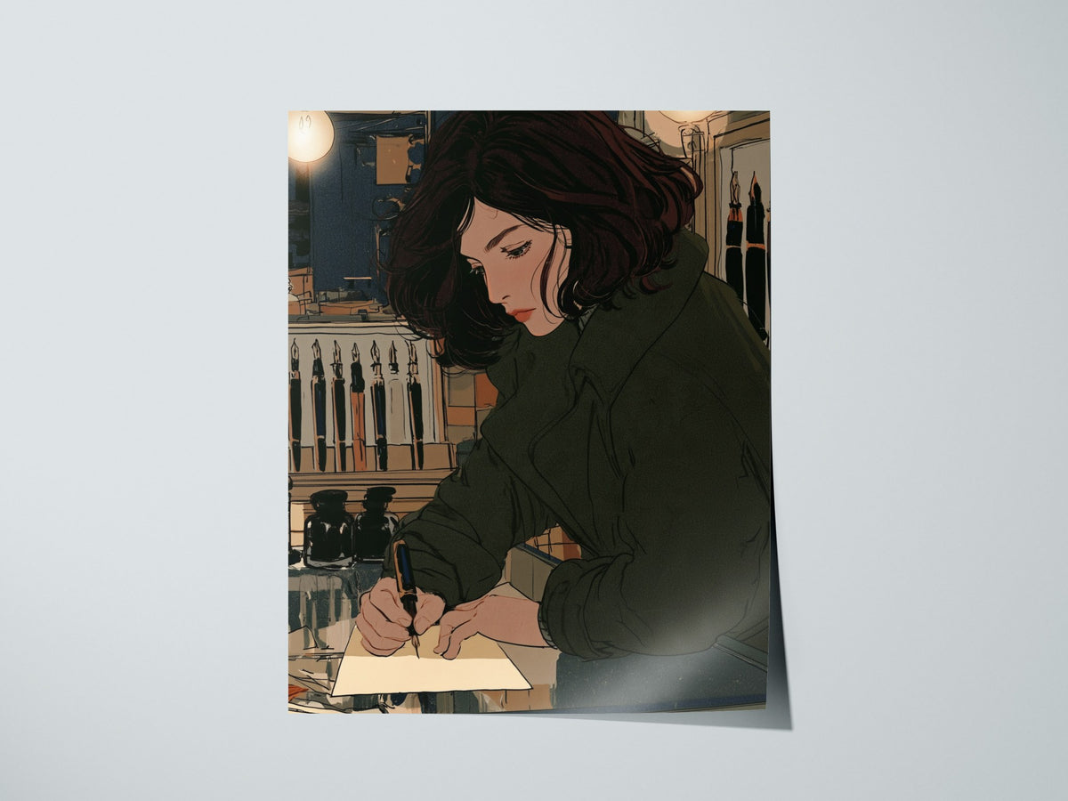 Girl Tests Pen Poster | Navy and Cream Illustrative Art Print | Dark Academia Wall Art — print detail on fine art paper