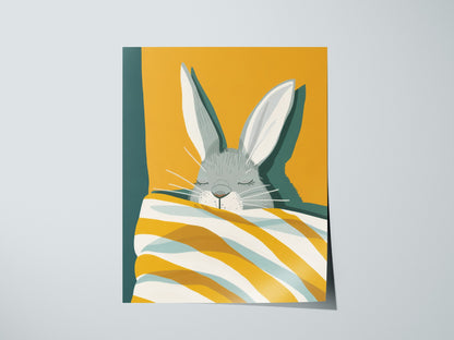 Rabbit Under Quilt Poster | Mustard and Teal Flat Design Art Print | Cottagecore Wall Art — print detail on fine art paper