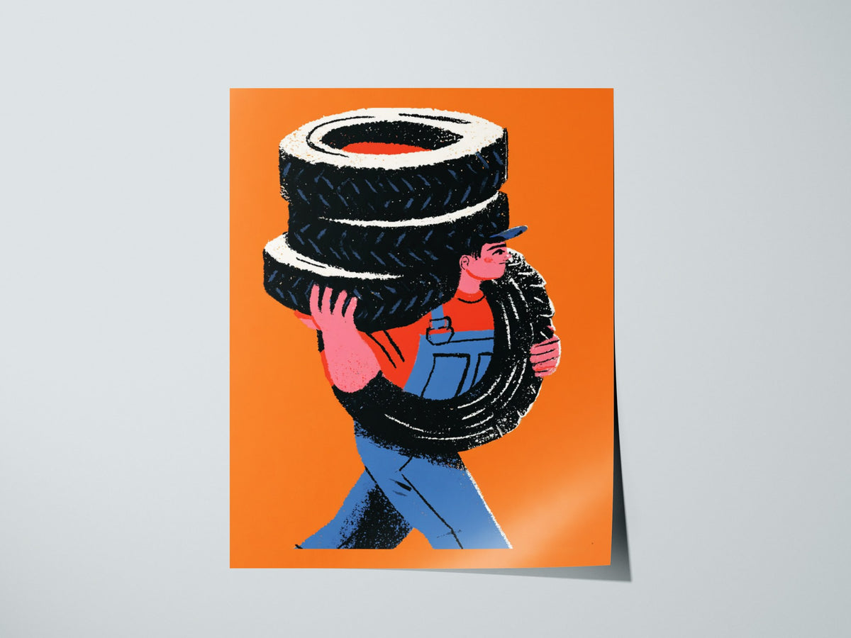 Mechanic Carries Tires Poster | Orange and Blue Illustrative Art Print | Workshop Wall Art — print detail on fine art paper